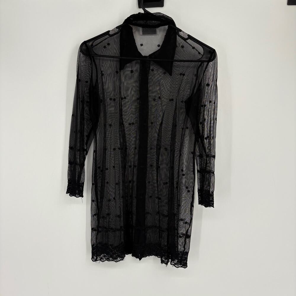 Vintage Hugo Buscati Black Sheer Embroidered Button Down Shirt Top Size XS Goth